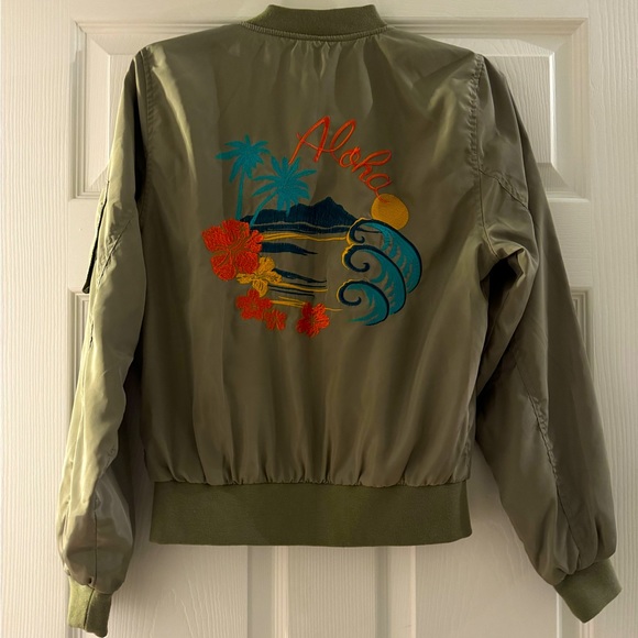 Olive Green Lovetree palm tree embroidered bomber jacket - Picture 1 of 6